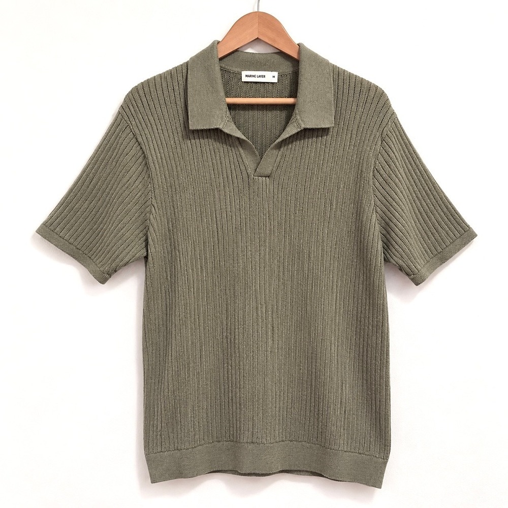 Marine Layer Liam Sweater Polo Men's M Green Merino Wool Blend Johnny Collar